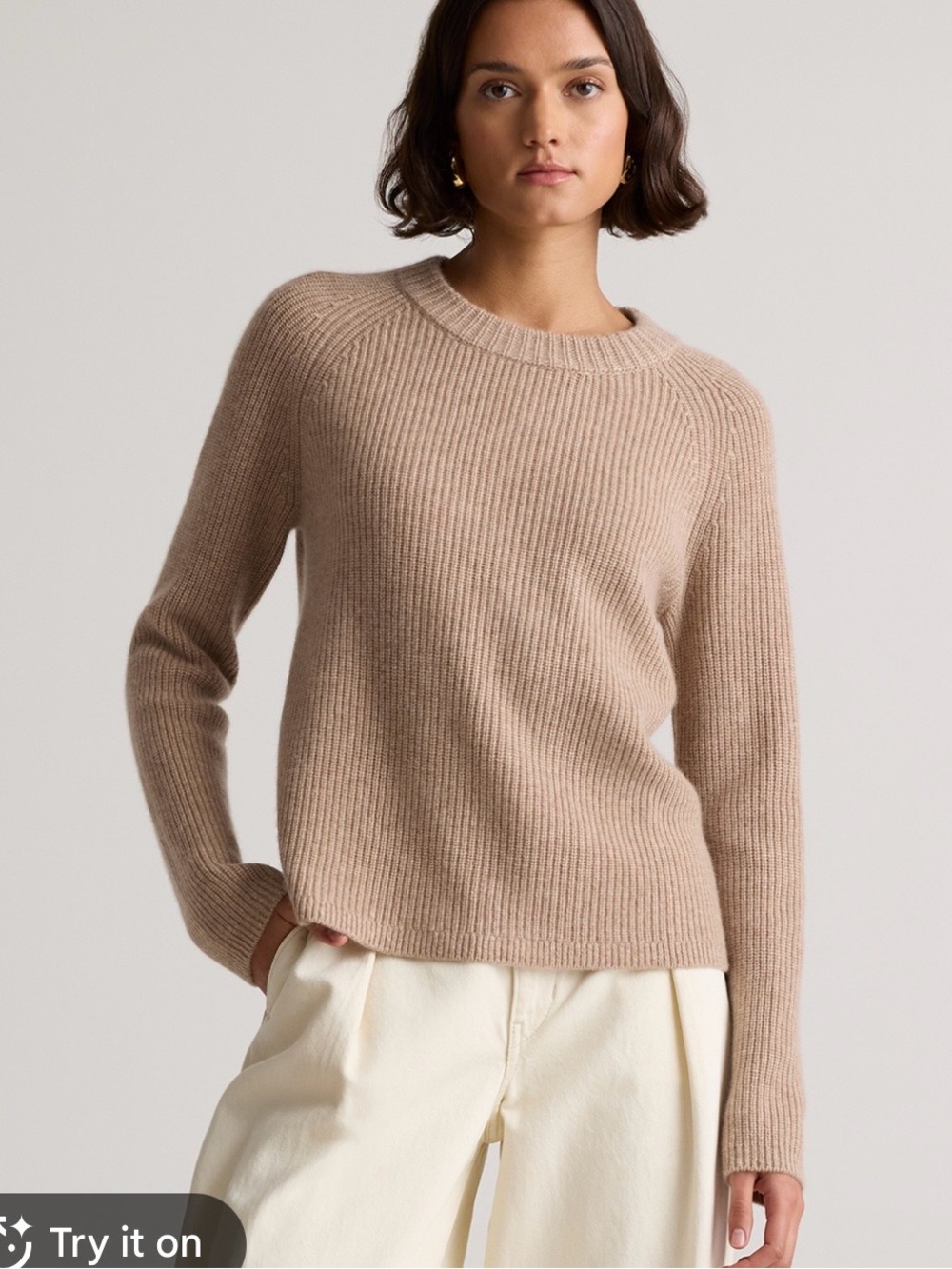 Quince 100% Cashmere Fisherman Ribbed Cropped Knit Sweater light brown Size L